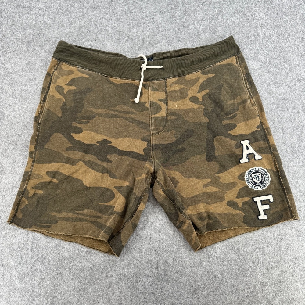 VTG Abercrombie & Fitch Sweat Shorts Mens L Camo Logo Patch Raw Hem EUC